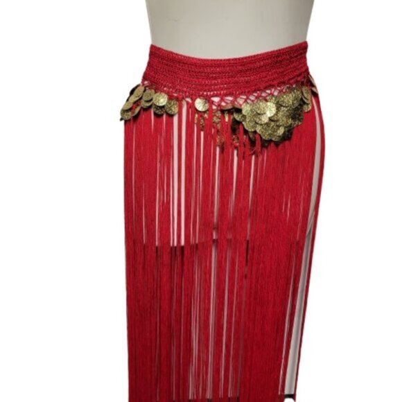 Red Hip Skirt Belly Dance Tassels Fringe Skirt Bellydance Coins Fringe Hip Scarf - Picture 2 of 13